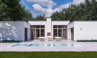 U-shaped atrium house with a double garage, suitable for a narrow plot. The living space in the house faces the atrium.